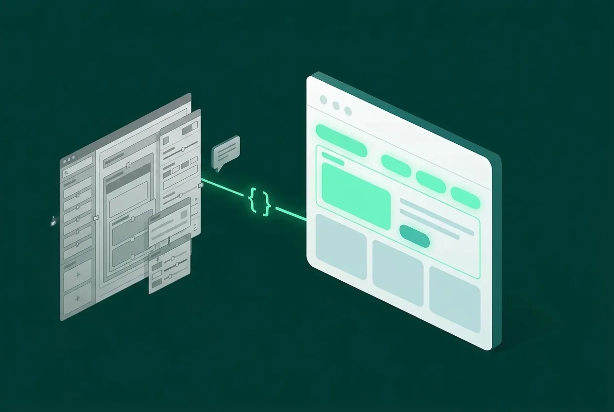 Illustratie: links een rommelige pagebuilder vol blokken en schuifjes, rechts een overzichtelijke website, verbonden door een regel code