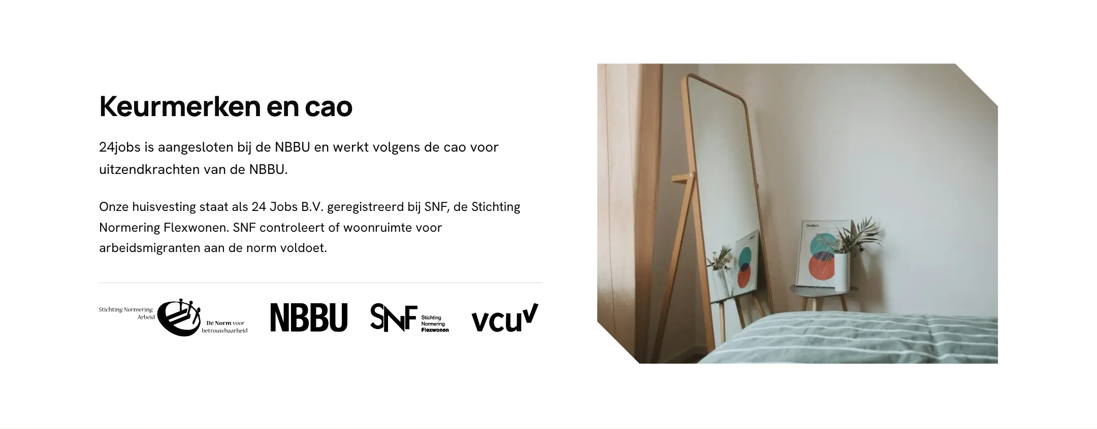 Sectie Keurmerken en cao op de werkgeverspagina van 24 Jobs met de logo's van SNA, NBBU, SNF en VCU