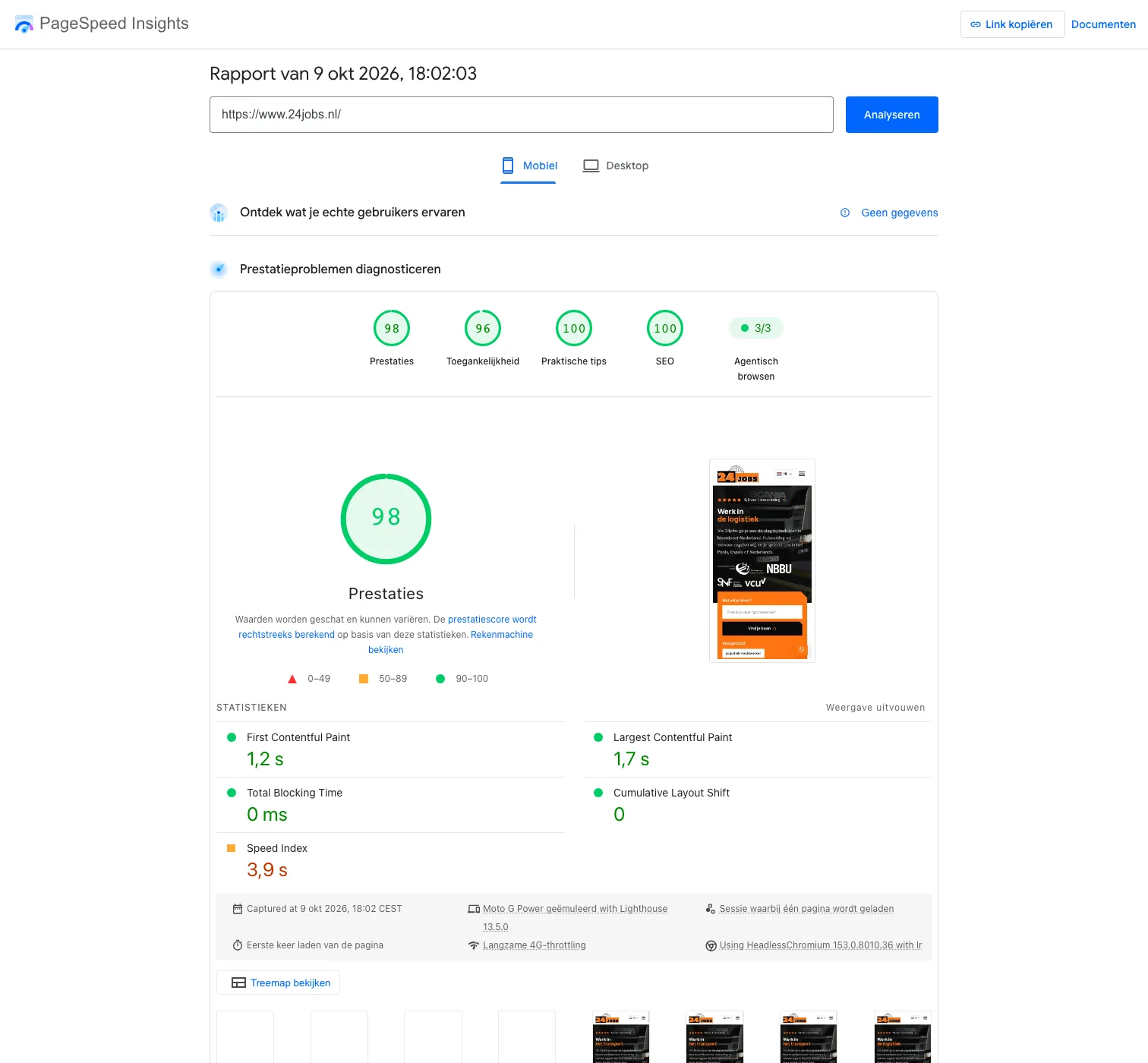 PageSpeed Insights rapport voor 24 Jobs: prestaties 98 op mobiel