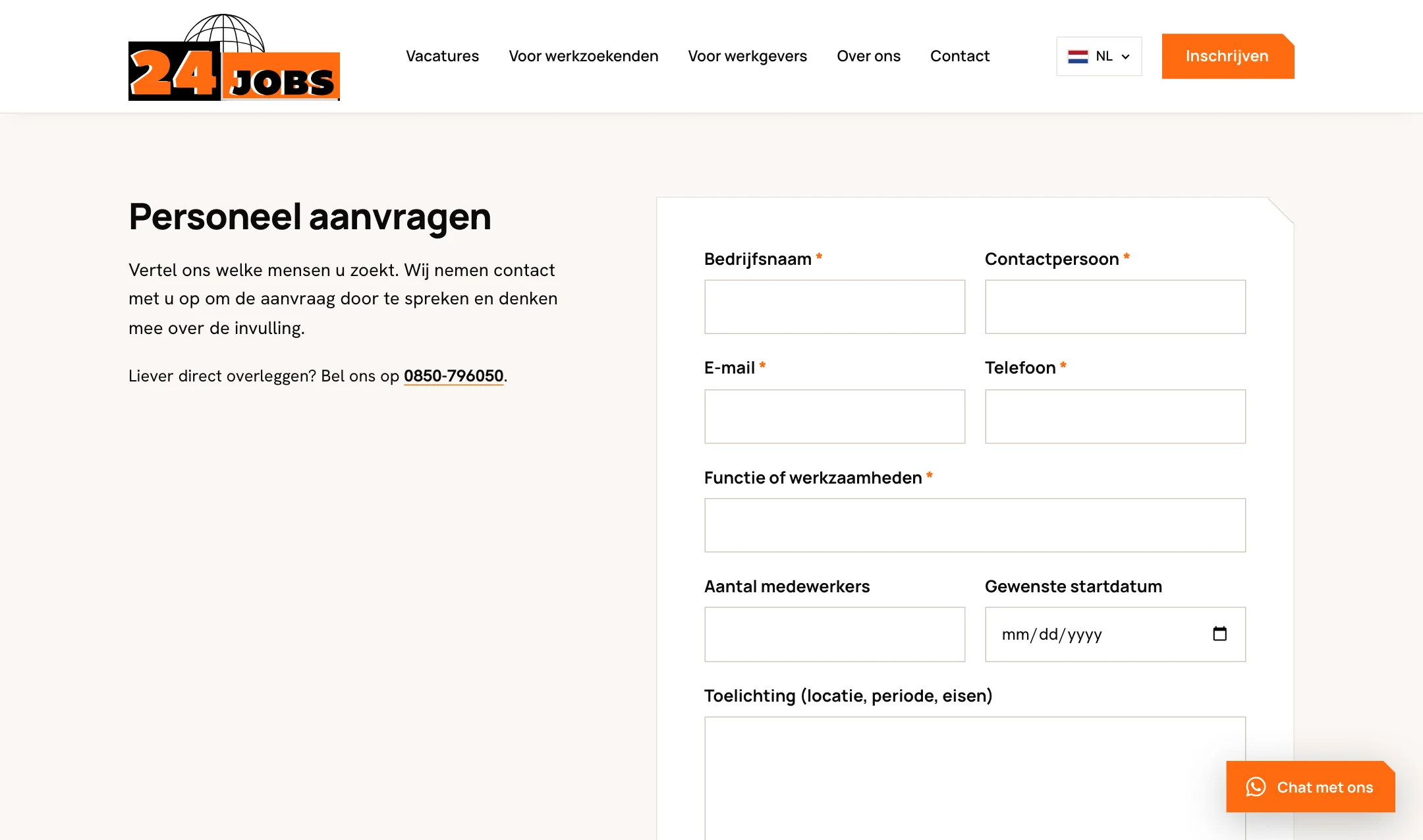 Formulier Personeel aanvragen op de werkgeverspagina van 24 Jobs
