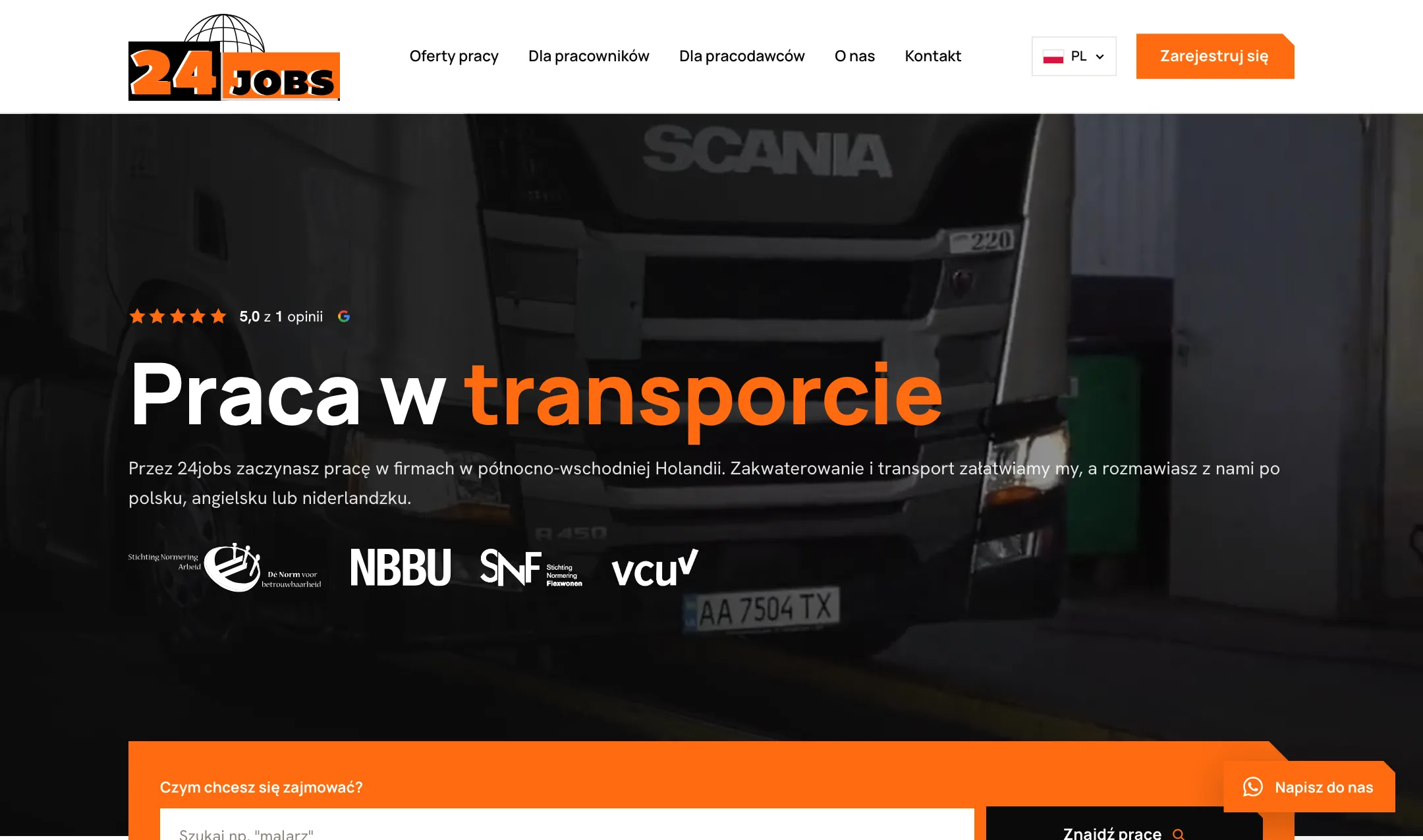 Poolse homepage van 24 Jobs met de kop Praca w transporcie