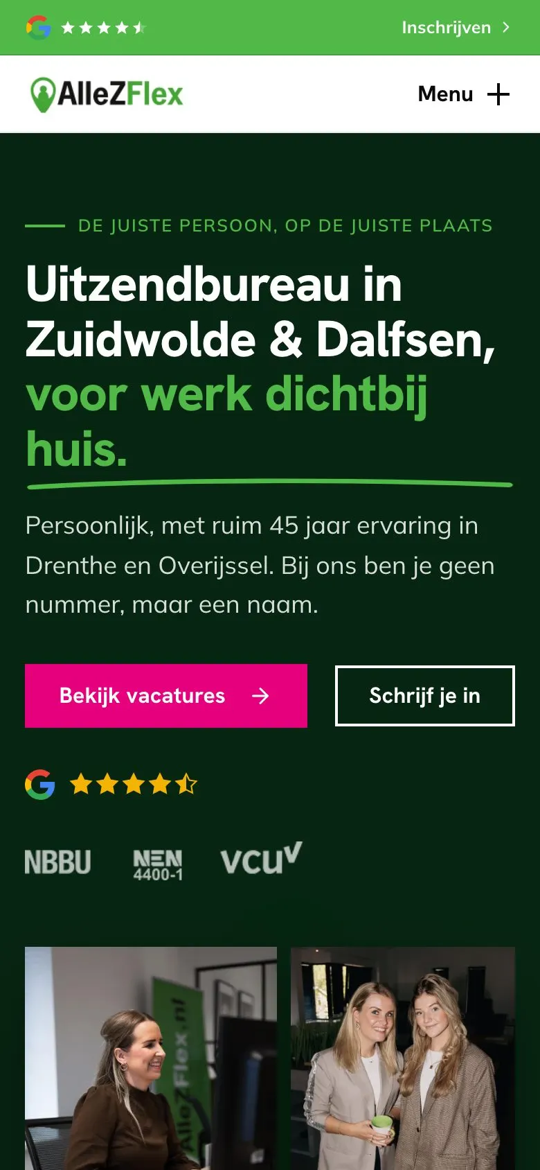 Mobiele weergave van de website van AlleZFlex