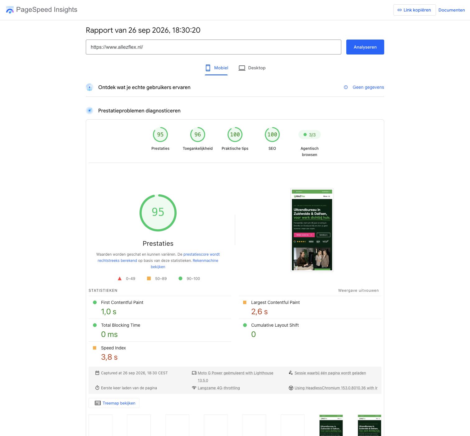 PageSpeed Insights rapport voor AlleZFlex: prestaties 95 op mobiel