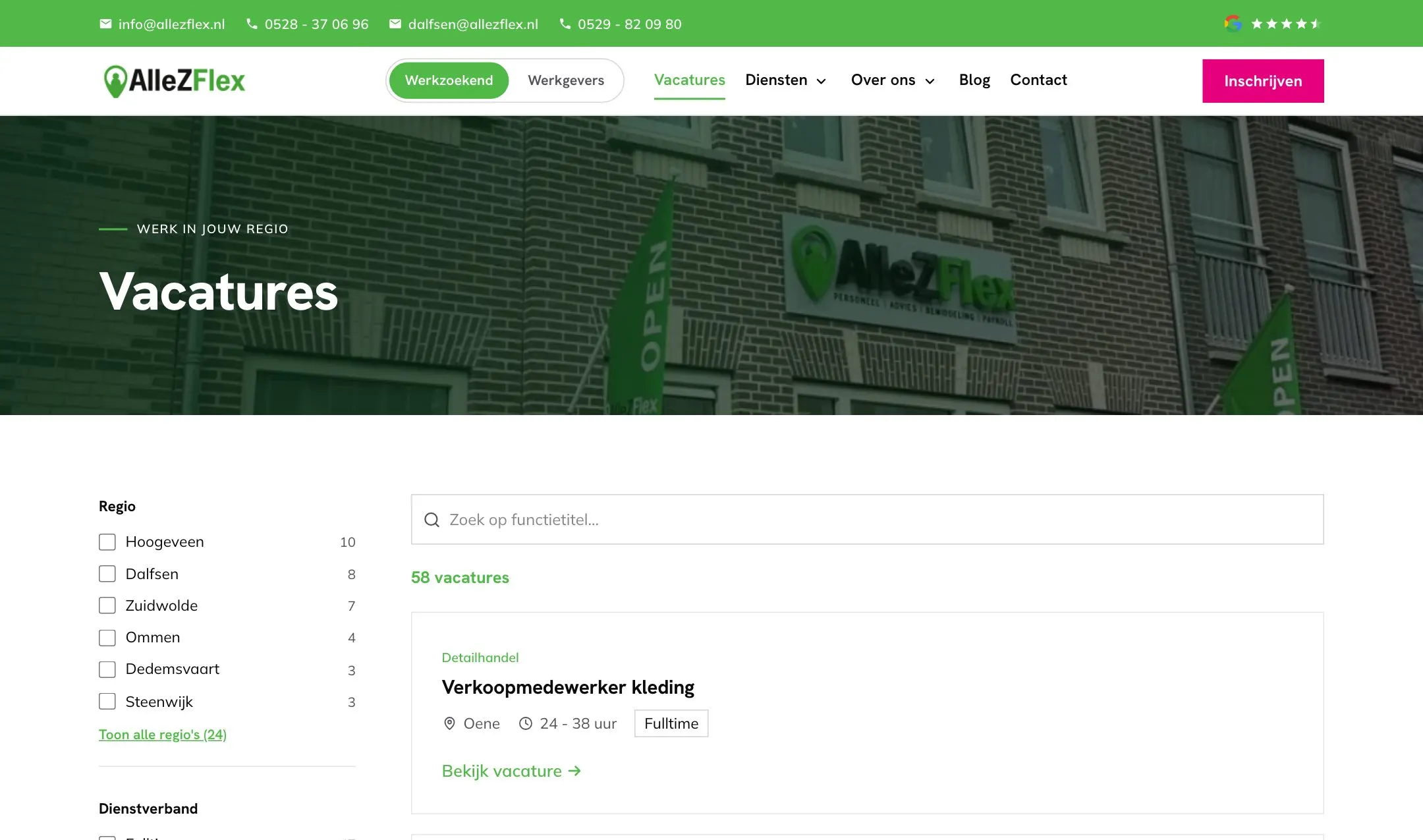 Actueel vacatureoverzicht met zoekveld en filters bij AlleZFlex