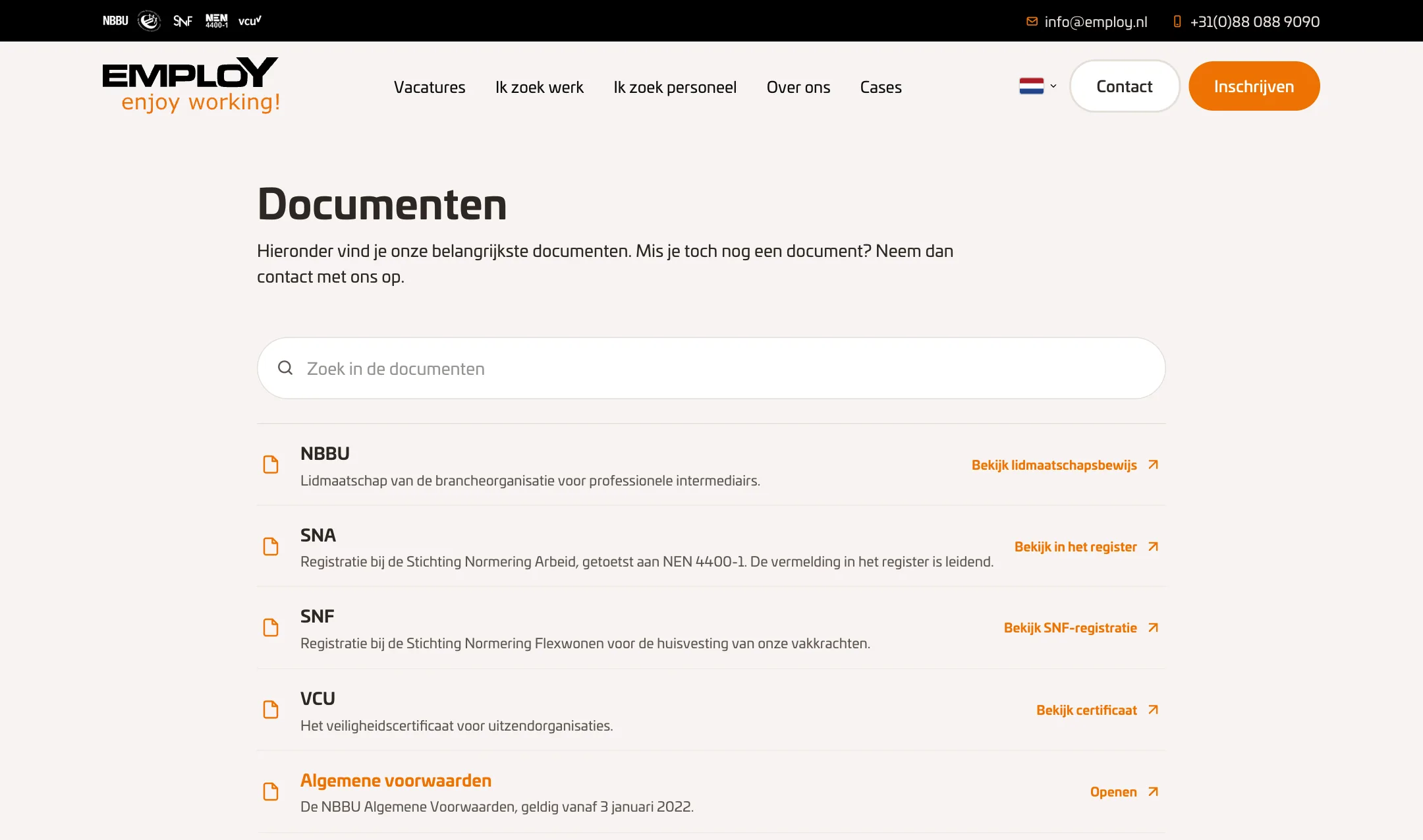 Documentenpagina van Employ Enjoy Working! met zoekveld en de keurmerken NBBU, SNA, SNF en VCU