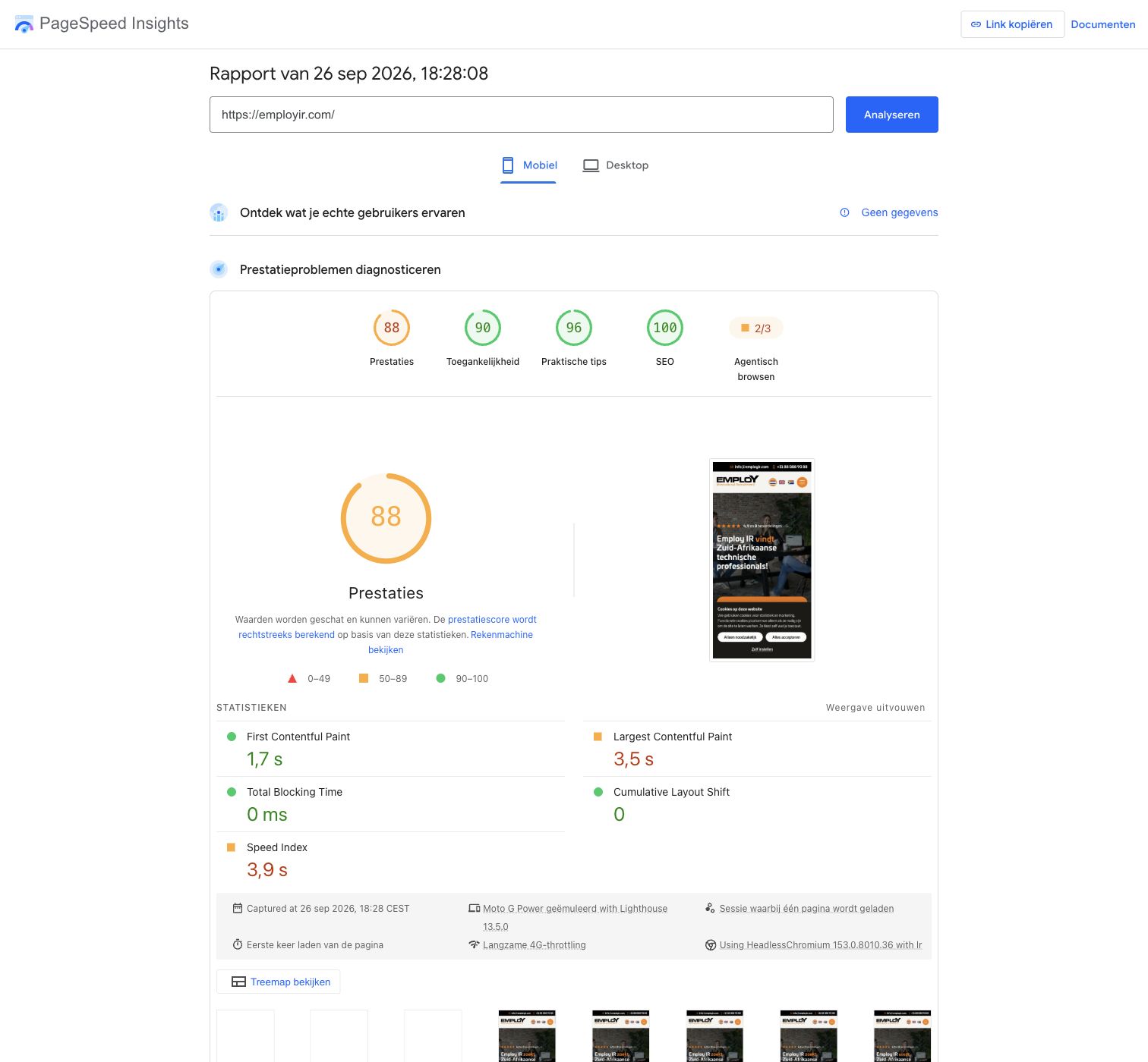 PageSpeed Insights rapport voor Employ International Recruitment: prestaties 88 op mobiel