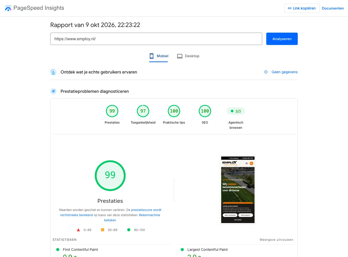PageSpeed Insights rapport voor Employ Enjoy Working!: prestaties 99 op mobiel