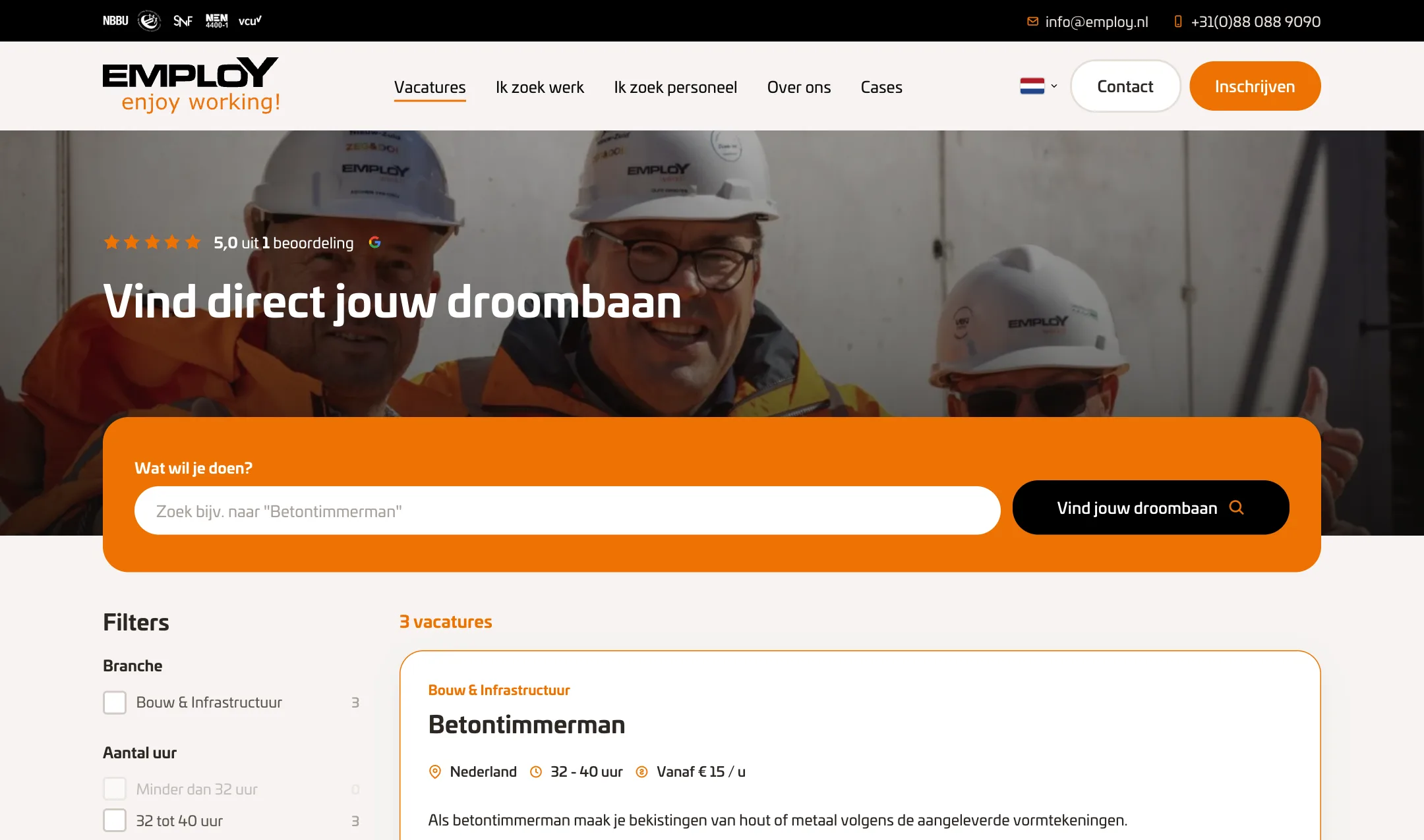 Vacatureoverzicht van Employ Enjoy Working! met zoekveld en filters op branche en aantal uur