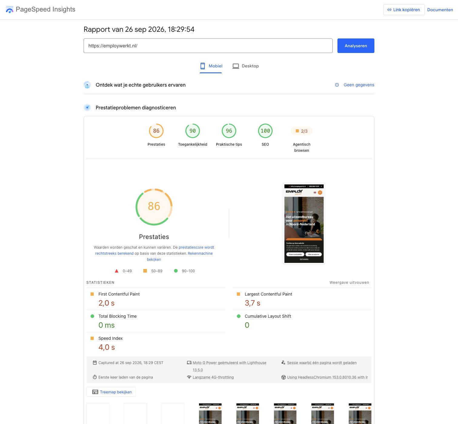PageSpeed Insights rapport voor Employ Werkt!: prestaties 86 op mobiel