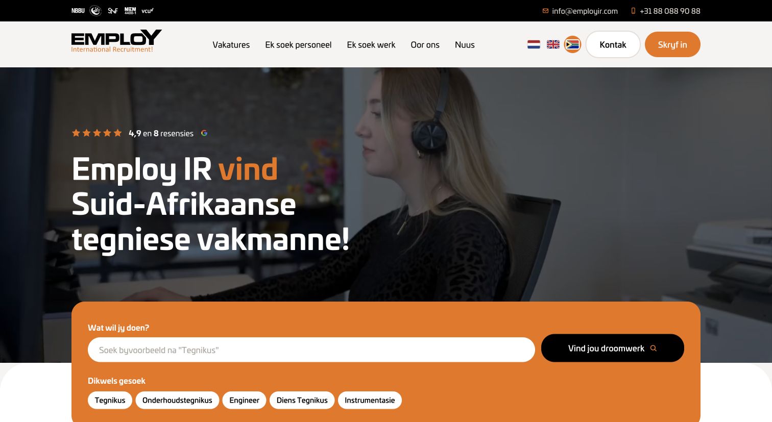 Afrikaanstalige homepage van Employ IR met taalwissel in de navigatie