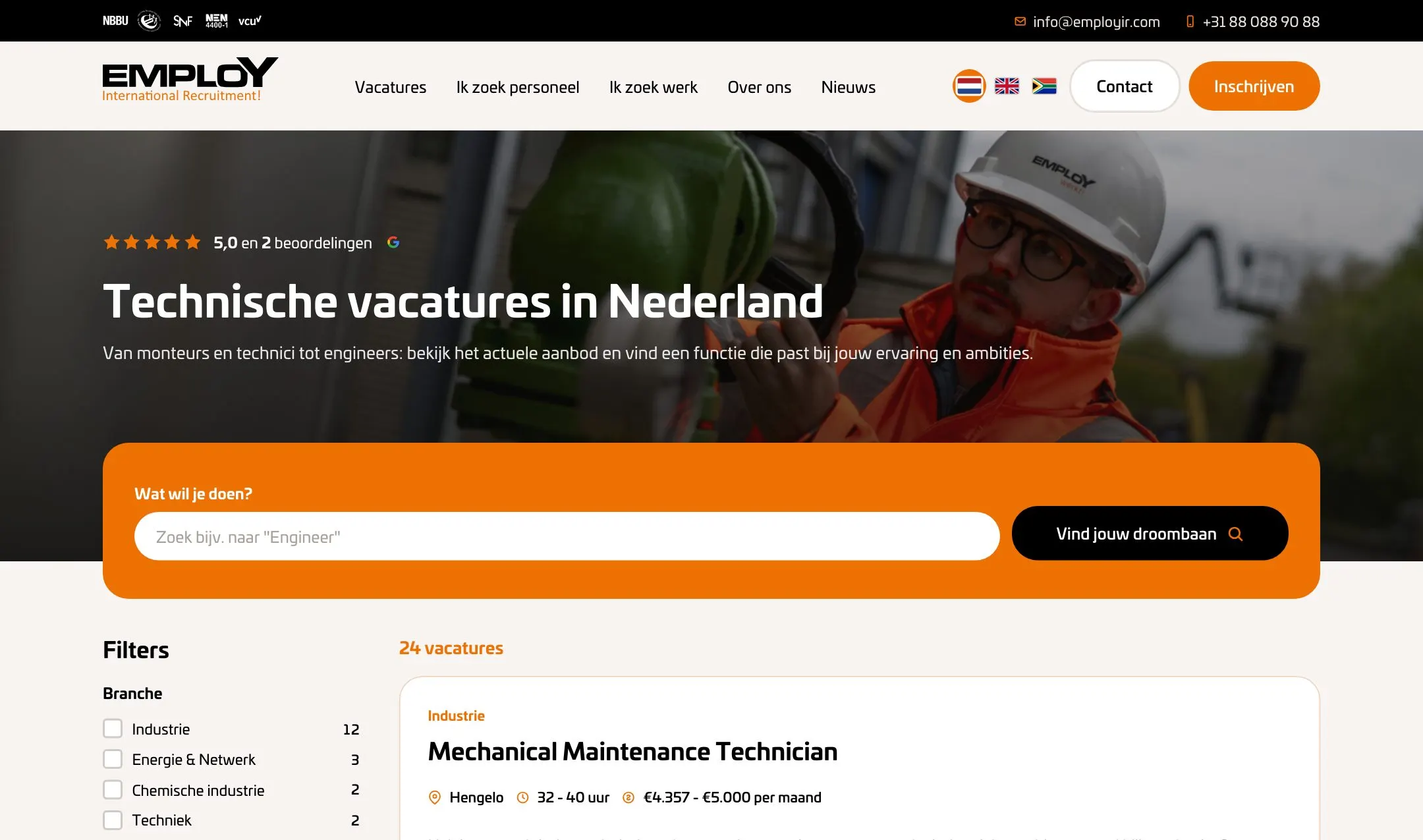 Vacatureoverzicht van Employ IR met zoekveld, filters en vacaturekaarten