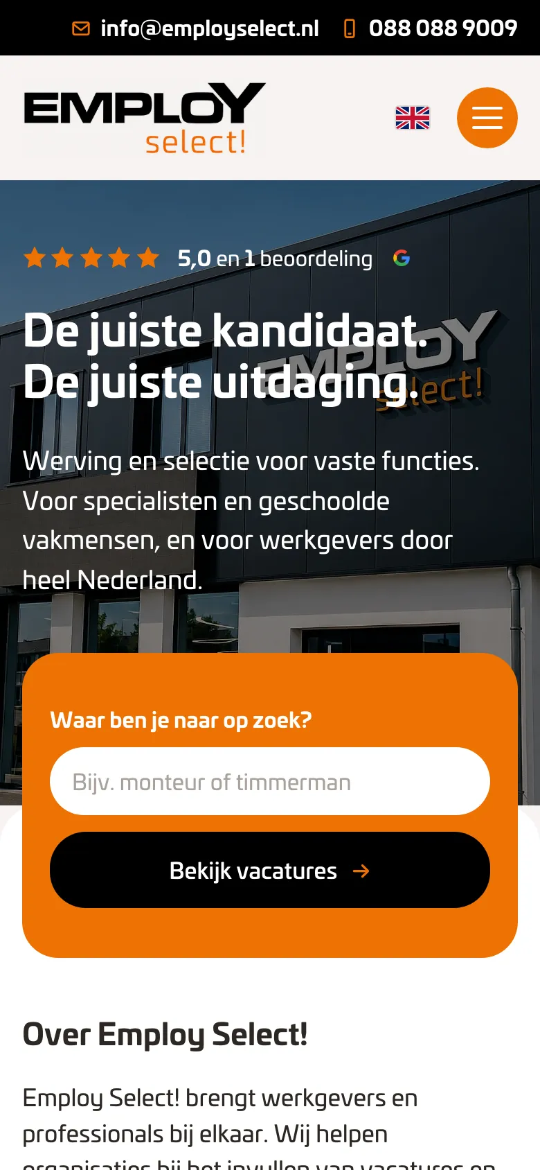 De website van Employ Select! op mobiel