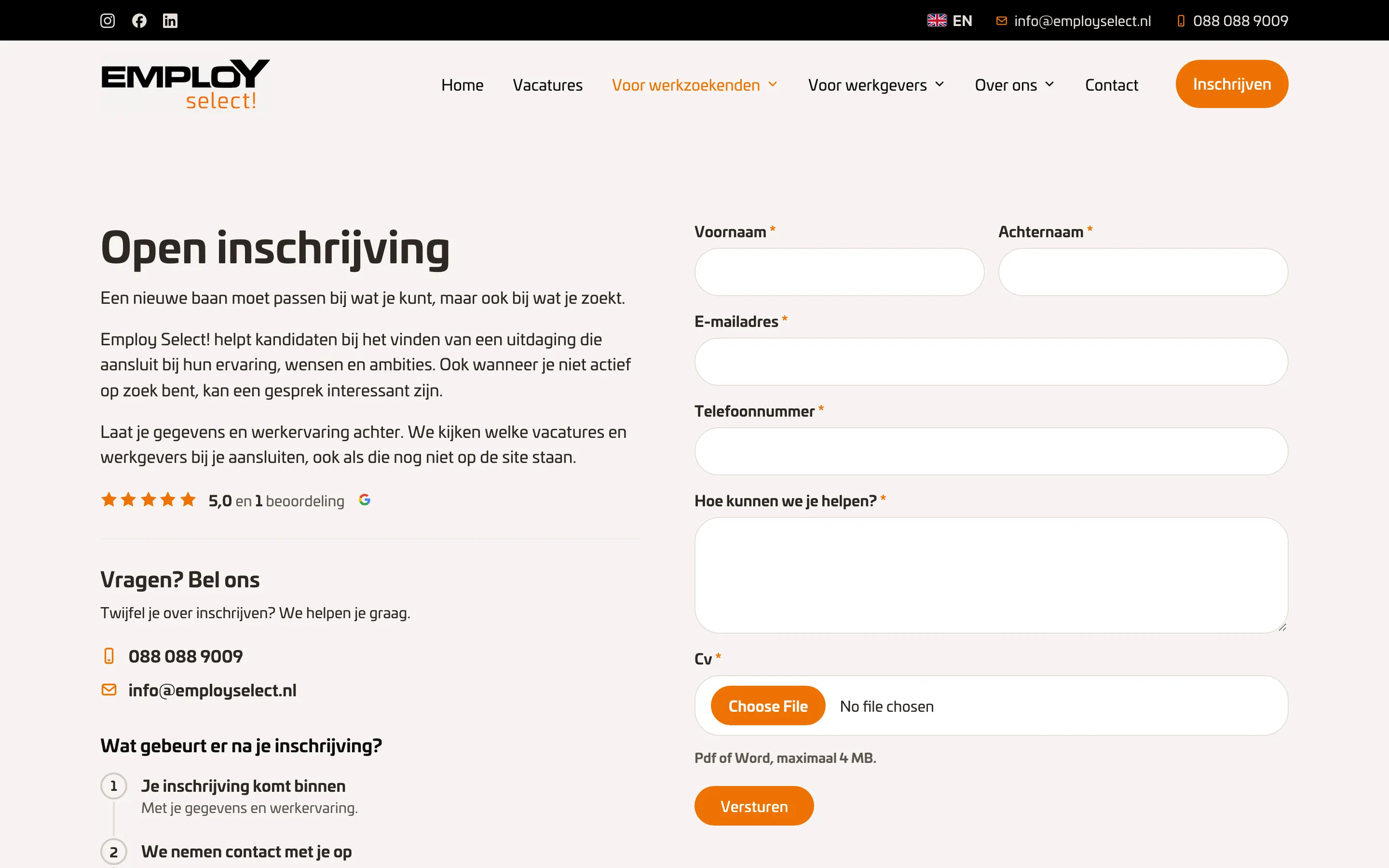 Formulier Open inschrijving van Employ Select!