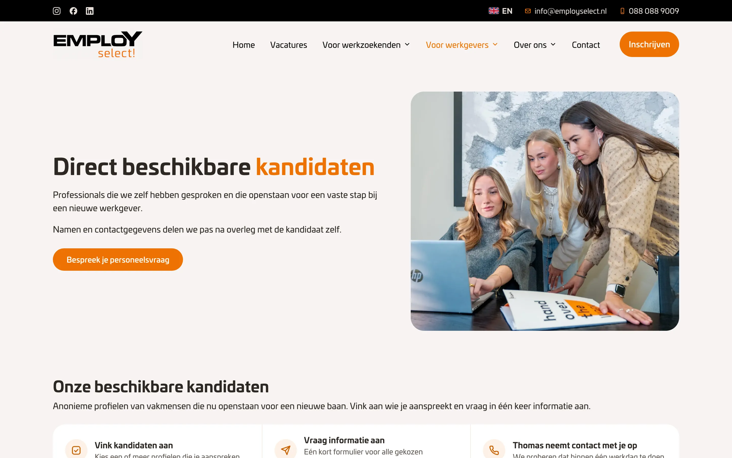 Pagina Direct beschikbare kandidaten van Employ Select!