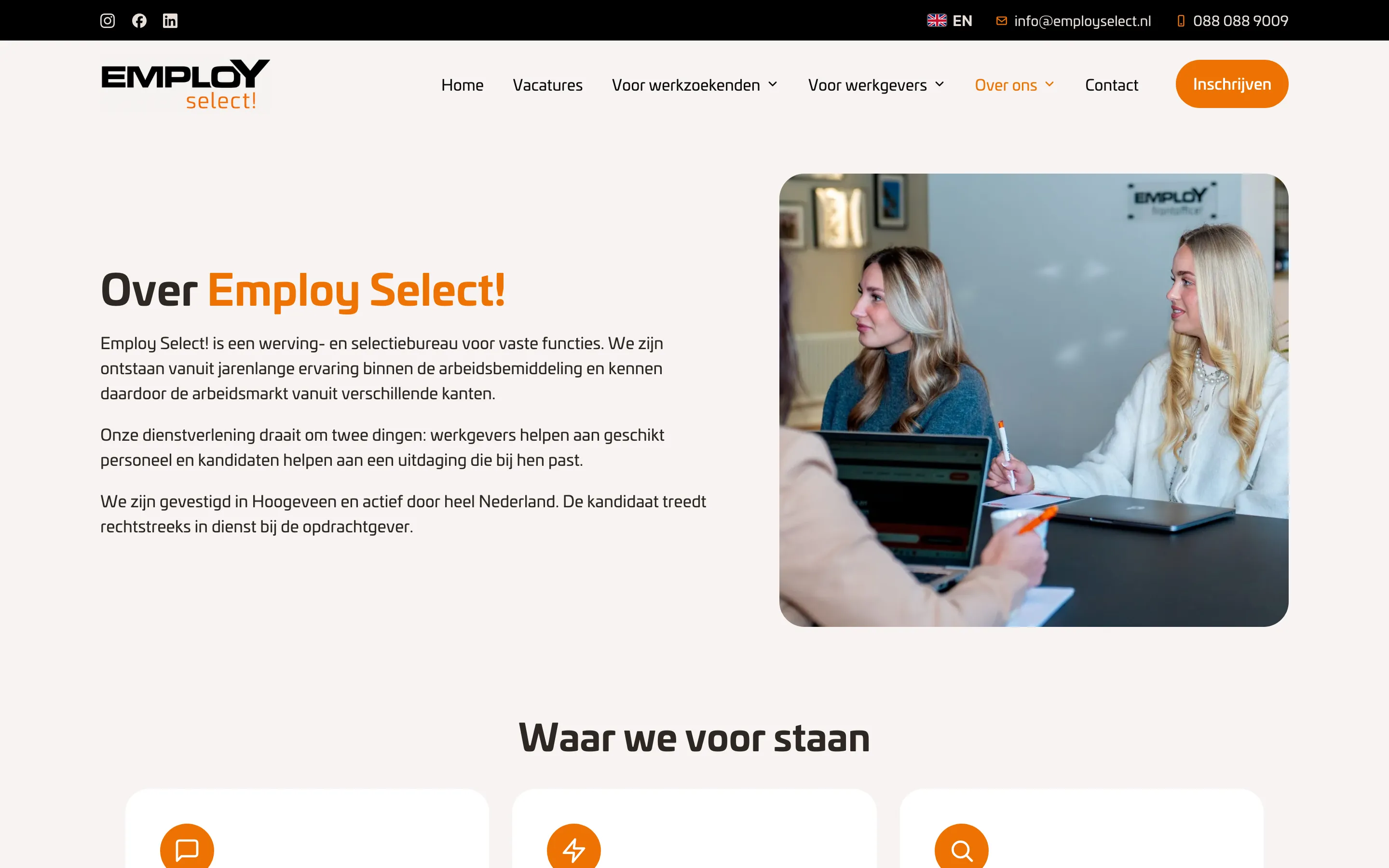 Pagina Over ons van Employ Select!