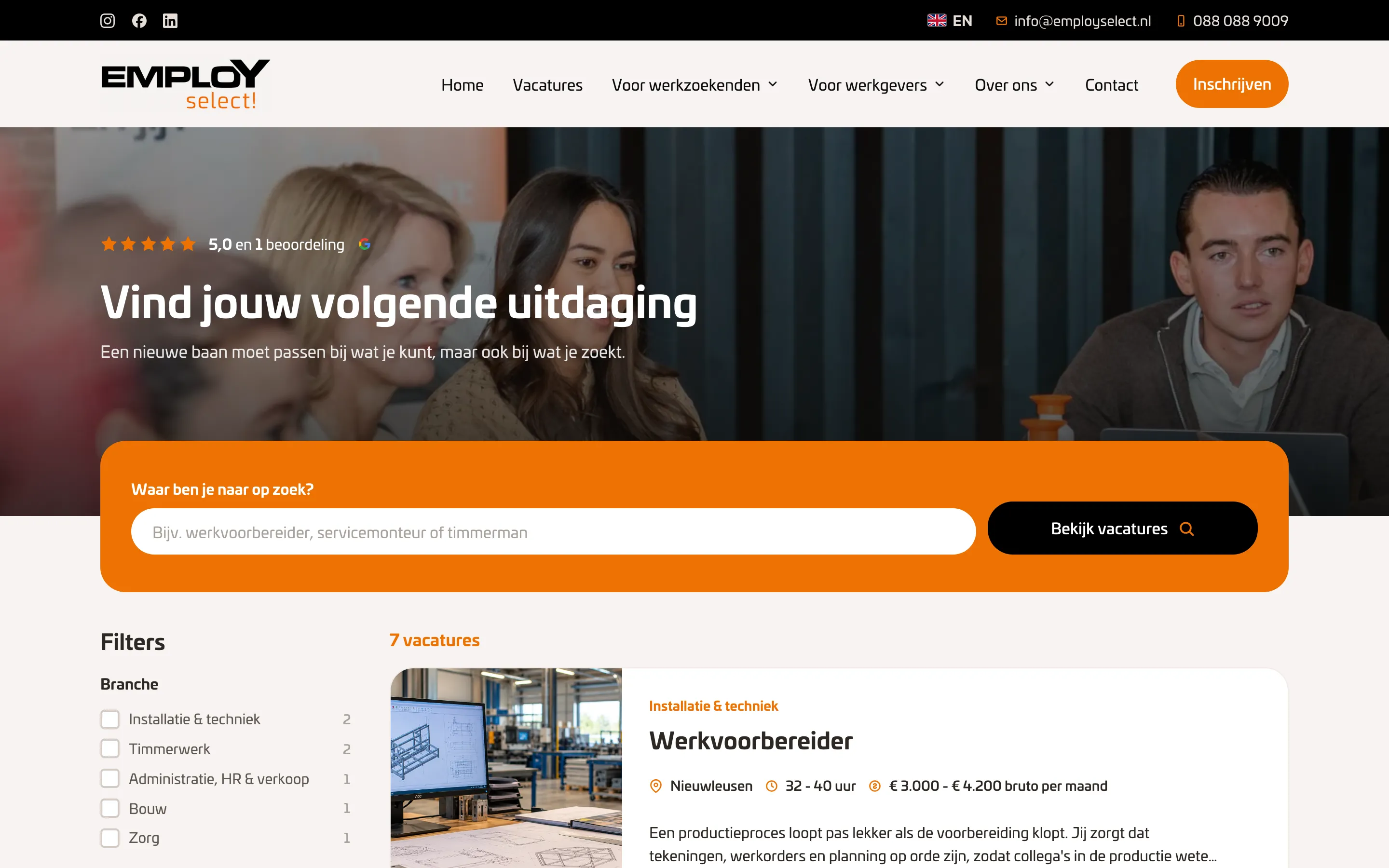 Vacatureoverzicht van Employ Select! met zoekveld en filters