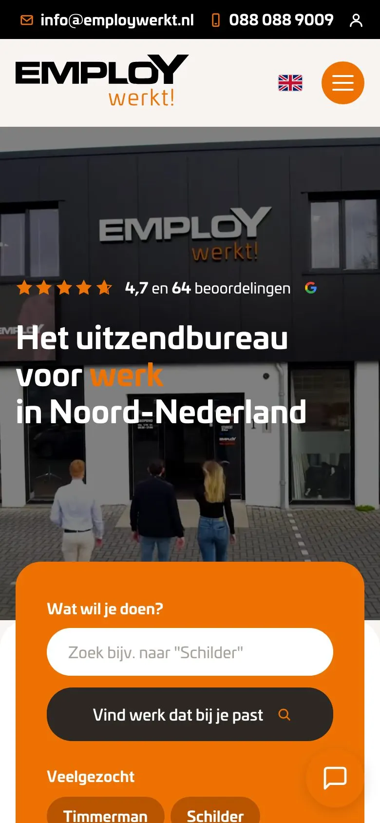 Mobiele weergave van de website van Employ Werkt!