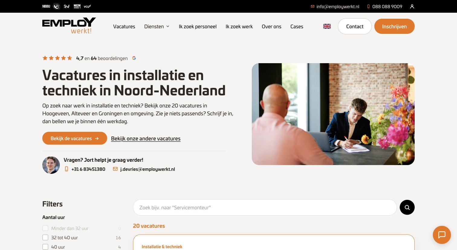Sectorpagina van Employ Werkt! voor vacatures in installatie en techniek