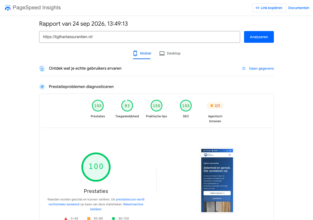 PageSpeed Insights meting van Ligthart Assurantiën