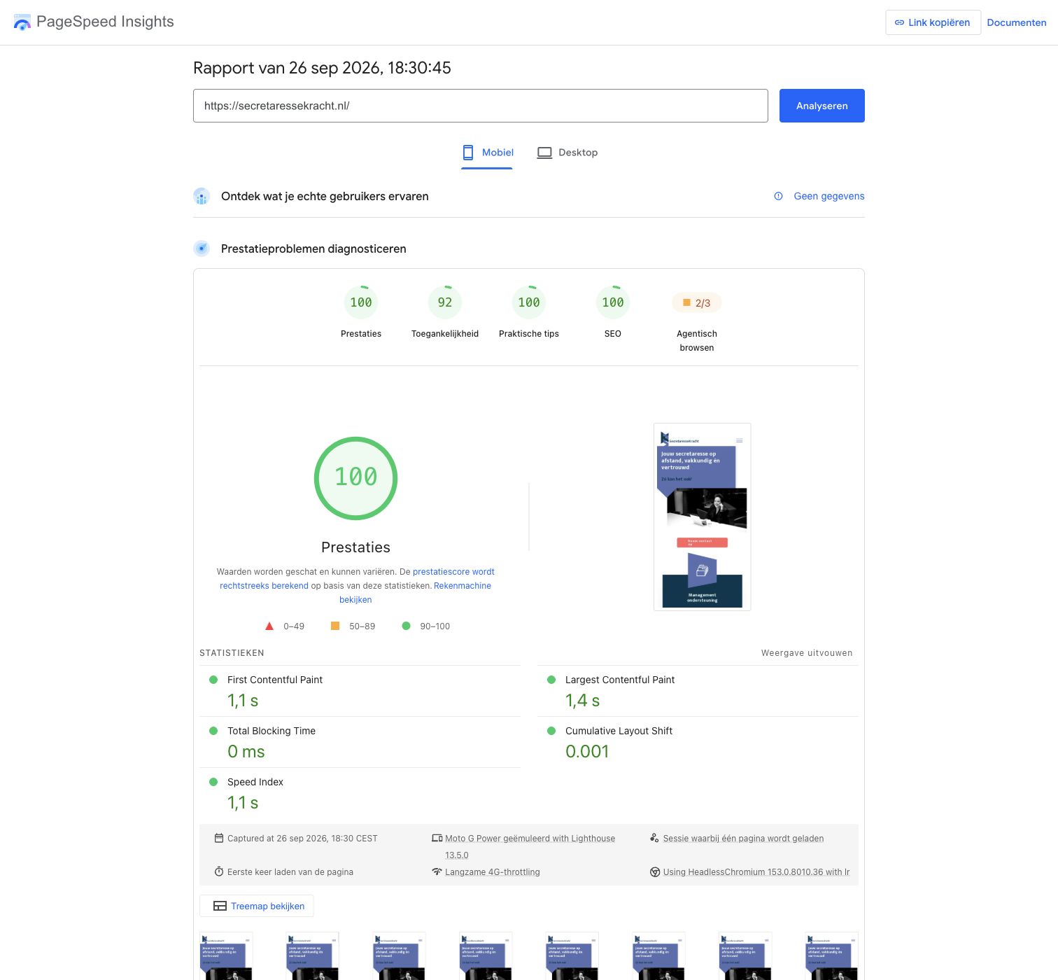 PageSpeed Insights rapport voor SecretaresseKracht: prestaties 100 op mobiel