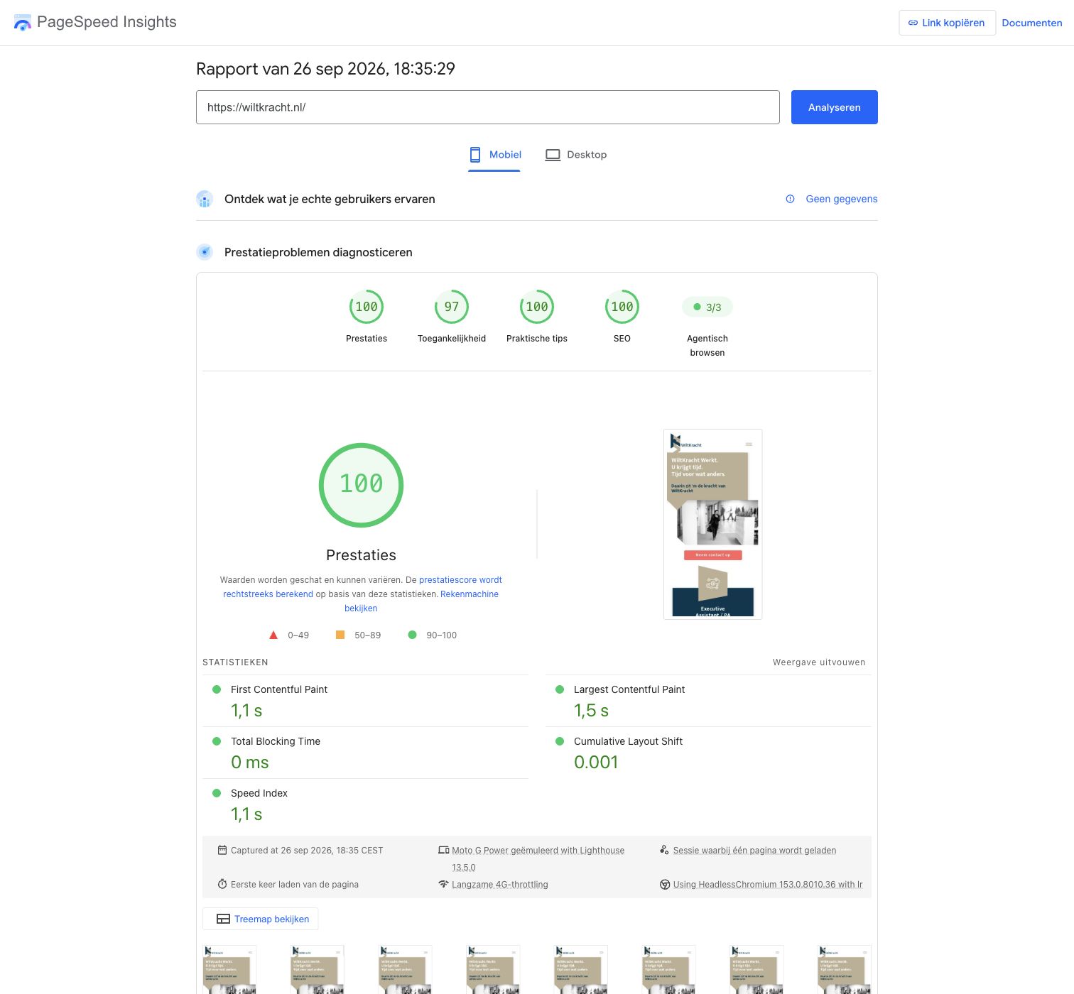 PageSpeed Insights rapport voor WiltKracht: prestaties 100 op mobiel